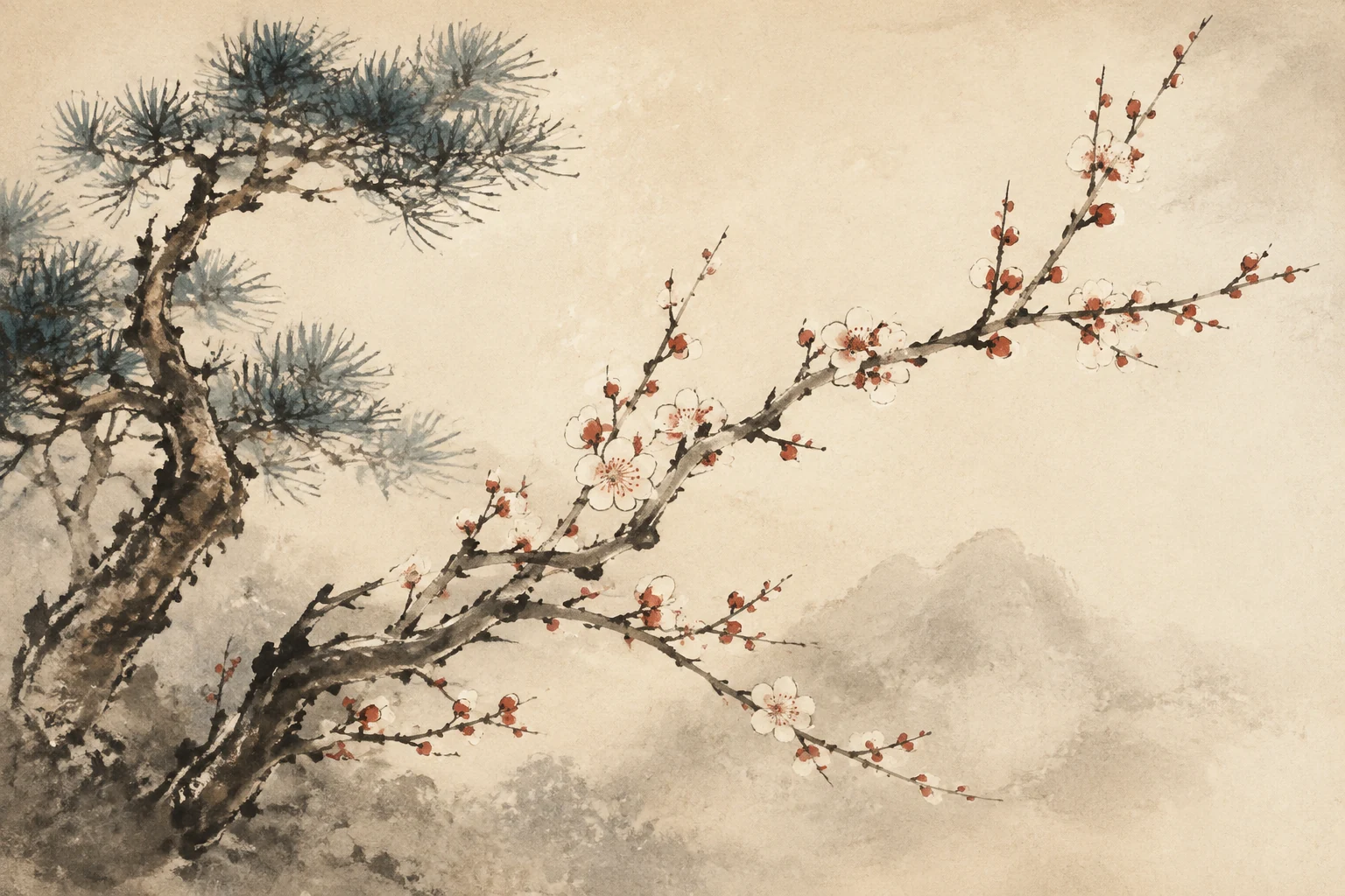 An ink-wash pine and flowering plum branch on warm paper.
