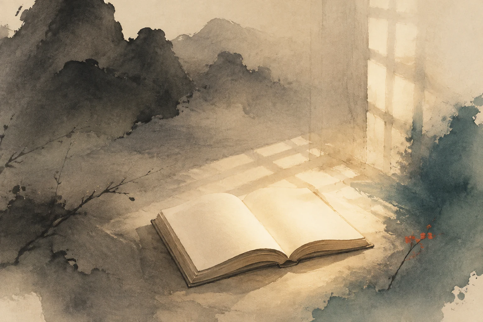 Symbolic ink illustration of an open book in warm light.
