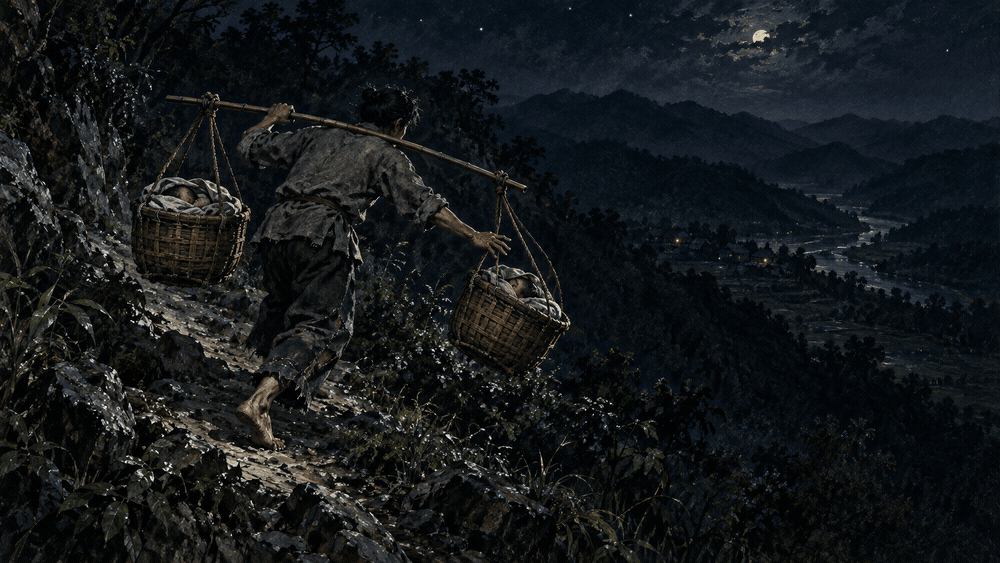 Painting: at night on a steep hillside, a barefoot man runs downhill with two bamboo baskets on a shoulder pole above a dark valley.
