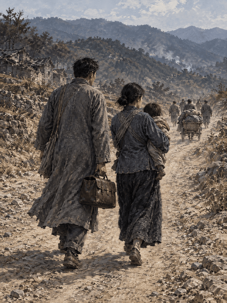 Painting: a man carrying a bag and a woman holding a small child walk away along a dusty mountain road, other travellers ahead.
