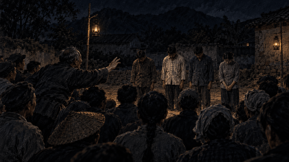 Painting: villagers seen from behind at a night meeting lit by lanterns; at the front, people stand with bowed heads while an old man raises his arm.