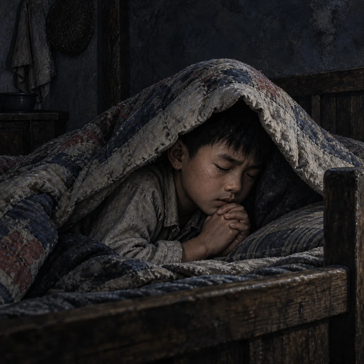 Painting: a boy lies under a quilt in a wooden bed, eyes closed and hands clasped in prayer.