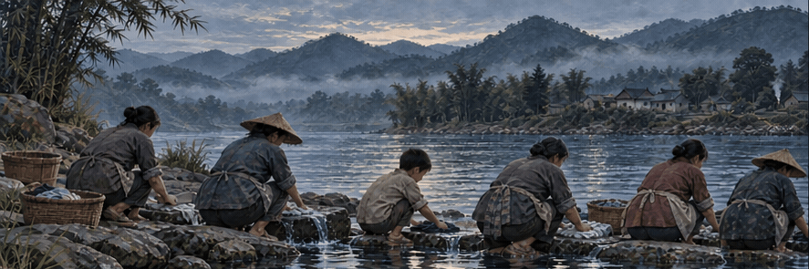 Painting: women in straw hats wash clothes on the stones of a misty river, and among them kneels a boy.