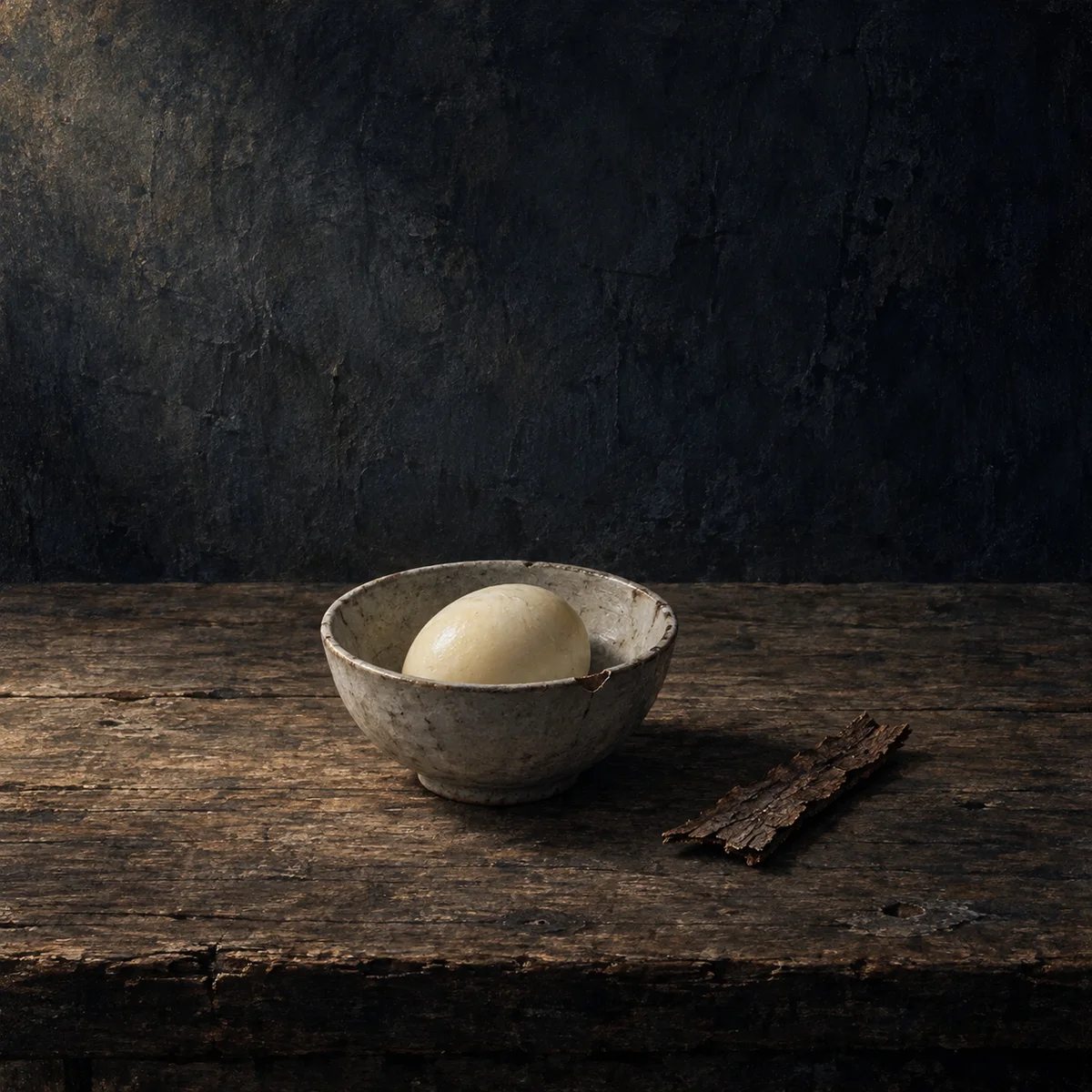 Painting: a single egg in a chipped bowl on a bare wooden table, beside a strip of tree bark.