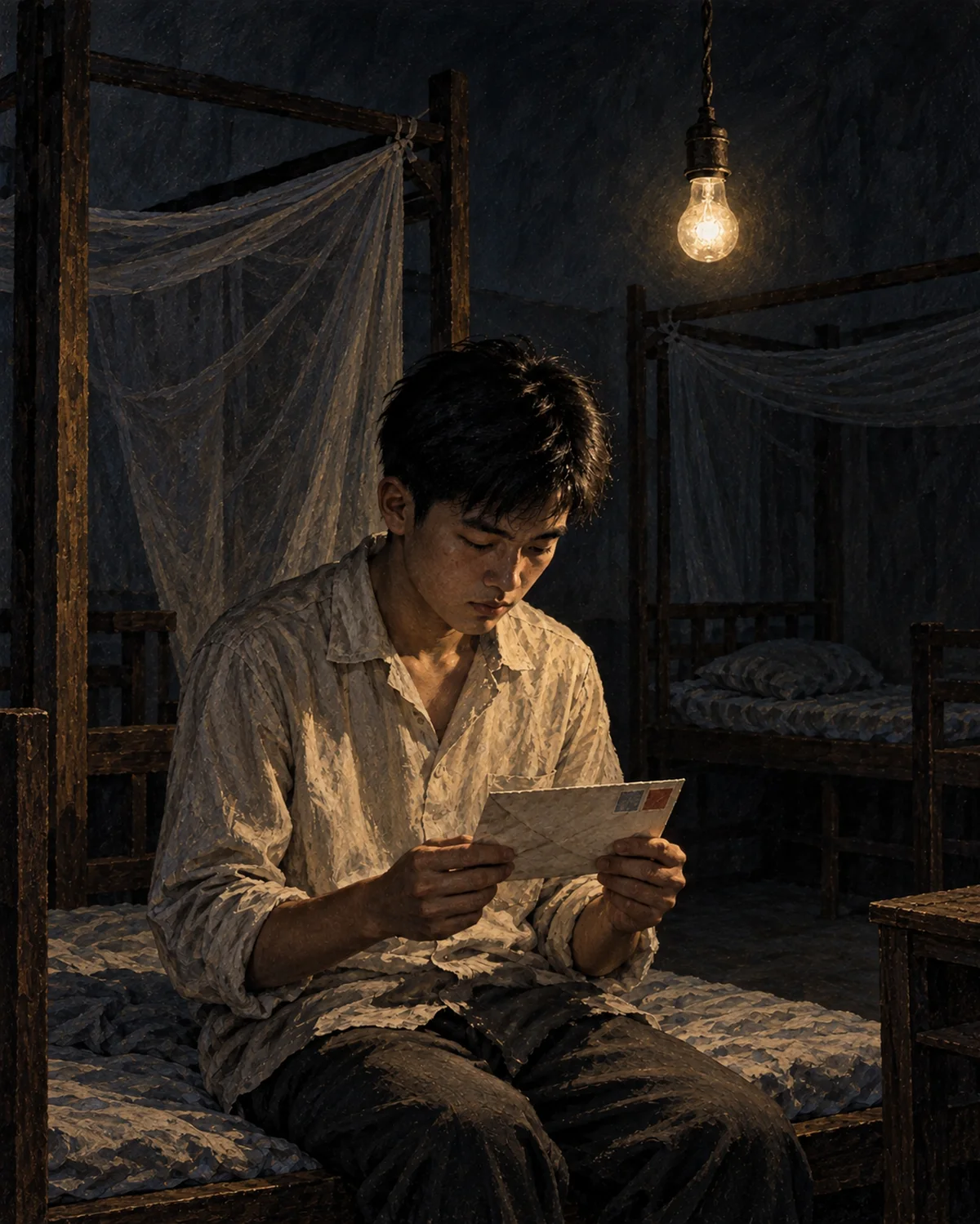 Painting: a teenage boy sits on a dormitory bed under a hanging bulb, reading a letter, mosquito nets fading into the dark.