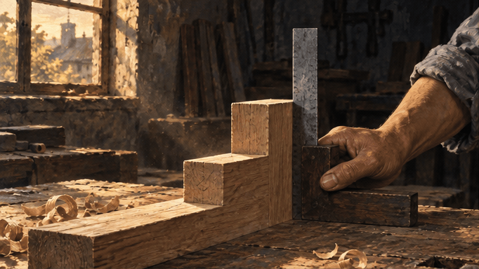 Painting: a hand checks a wooden pattern against a steel square on a workbench scattered with shavings, lit by a small window.