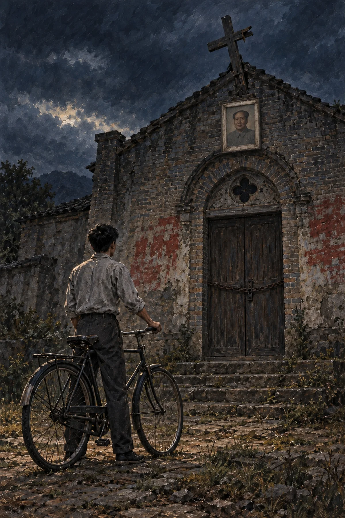 Painting: at dusk a young man with a bicycle stands before a small brick church with red slogans on its walls and a portrait of Mao above the door.