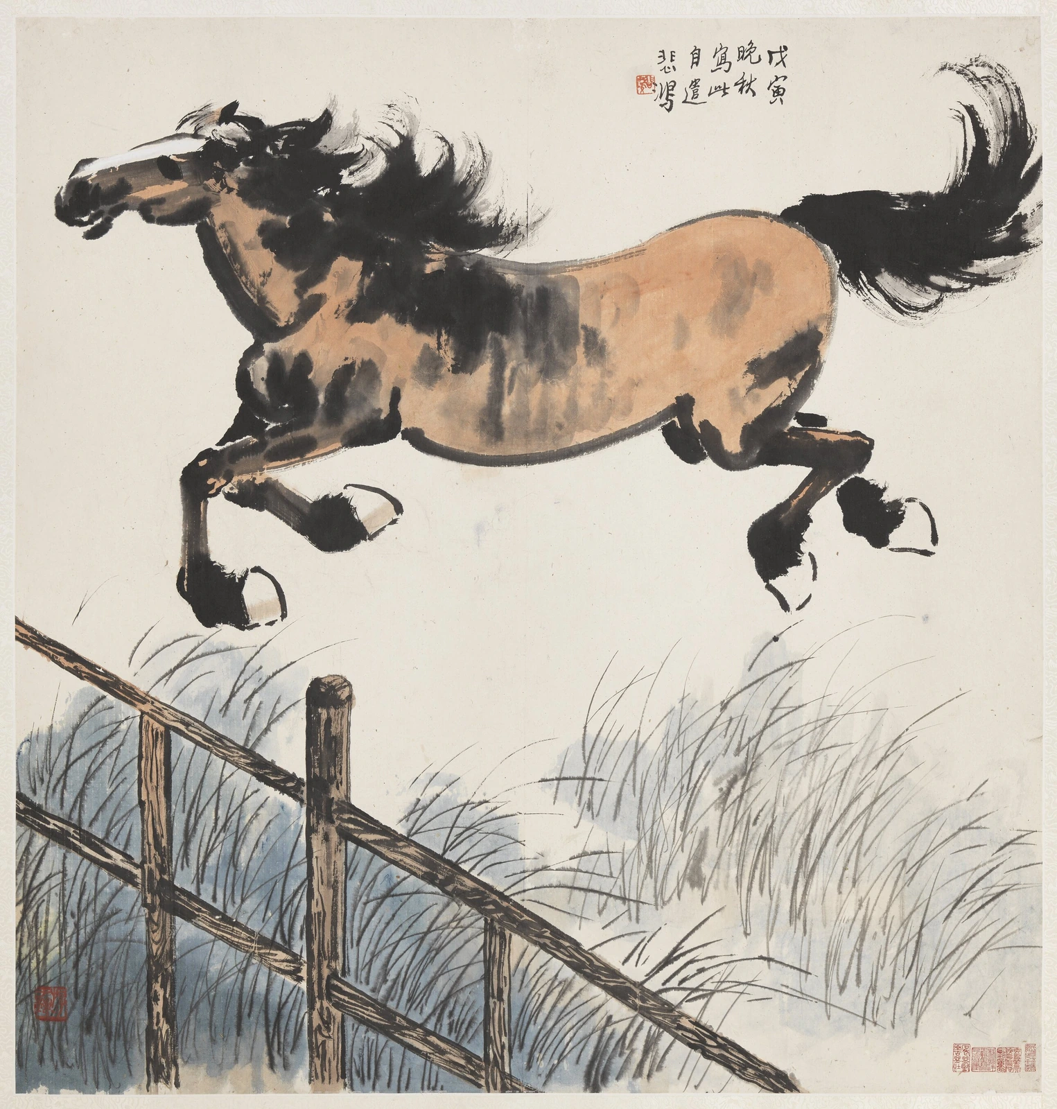 Xu Beihong’s 1938 ink-and-color painting of a horse leaping over a fence.