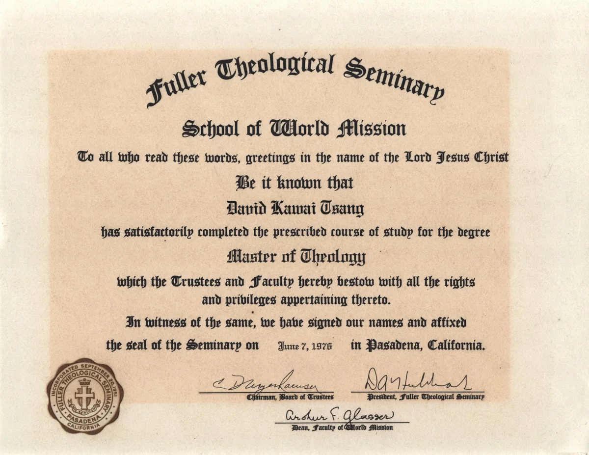 Fuller Theological Seminary certificate awarding David Kawai Tsang the Master of Theology, June 7, 1976.