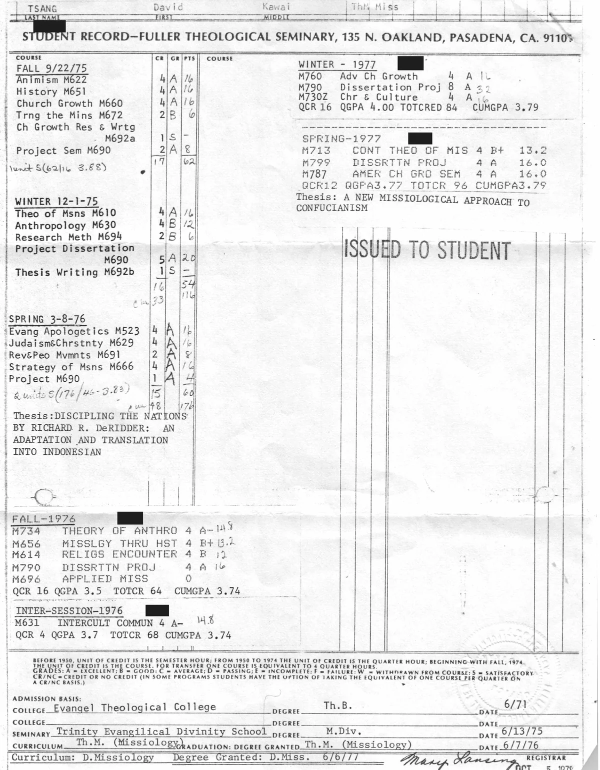 David Kawai Tsang’s Fuller student record from 1975 to 1977, ending with a cumulative GPA of 3.79; student identifiers are covered.