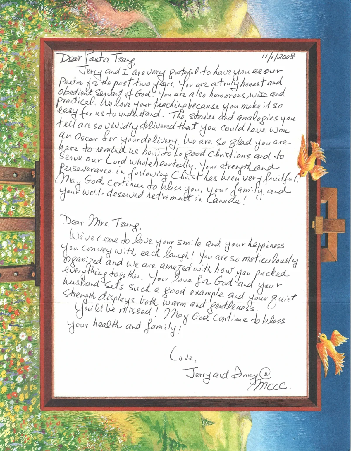 Colorful handwritten thank-you letter to Pastor Tsang and Mrs. Tsang, dated 11/1/2008 and signed Jerry and Amy at MCCC.