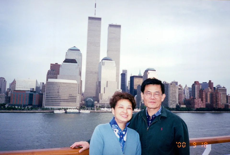 David and Esther sailing from New York, 18 September 2000, on the cruise a sister in the church gave them. Identified by Angell; the date is printed on the photograph.