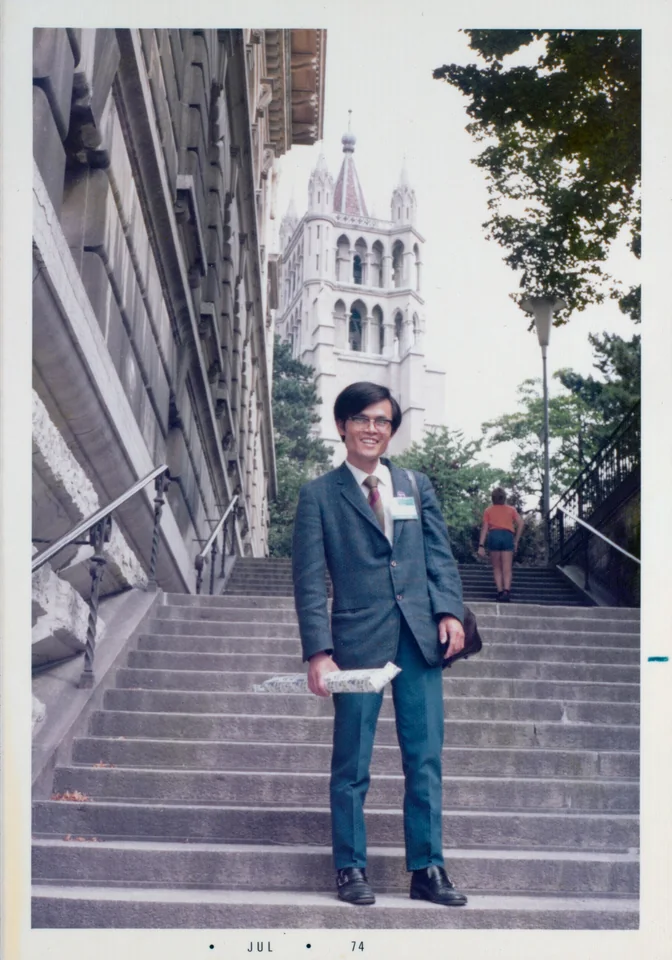 David in Switzerland, July 1974, as Esther recalls; she places the photograph in Geneva during the month of the congress. The print is stamped JUL 74.