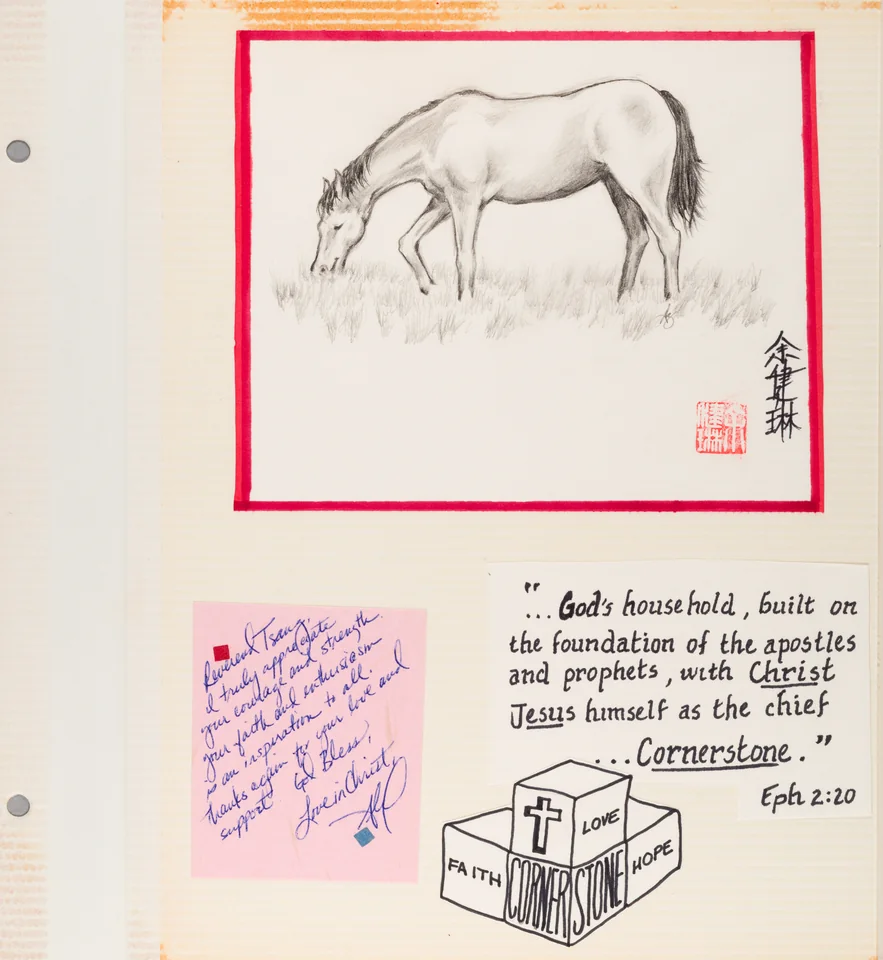 A horse in ink, beside Ephesians 2:20 and the word Cornerstone.