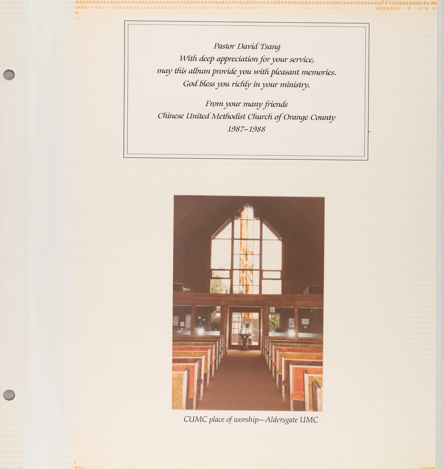 A page dedicated to Pastor David Tsang by friends at the Chinese United Methodist Church of Orange County, 1987–1988. The photograph is captioned “CUMC place of worship—Aldersgate UMC.”