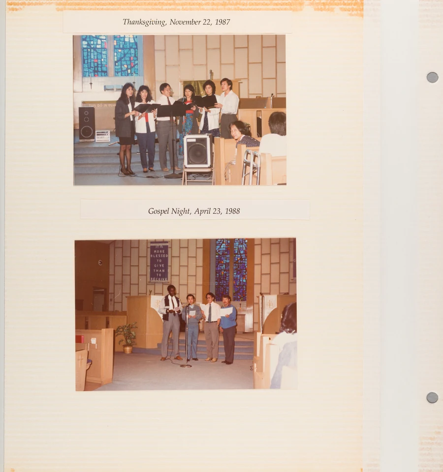 Two gatherings preserved in the album: Thanksgiving, 22 November 1987, and Gospel Night, 23 April 1988.